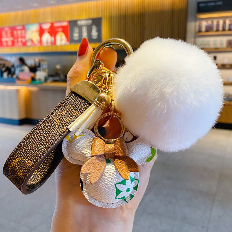 Luxury Mickey Keychain – Faux Leather & Fur Pom Charm