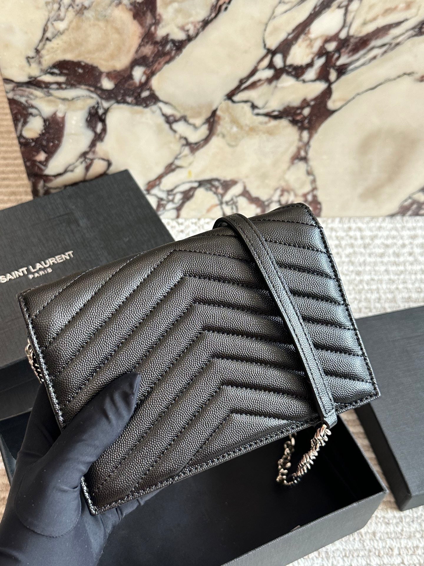 Matte Black Quilted Metal Logo Chain Bag 025