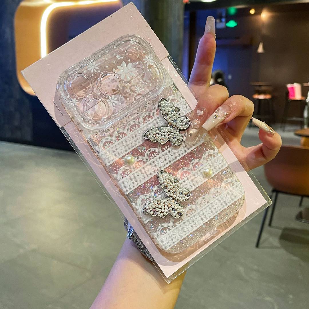Sparkly Rhinestone Butterfly Lace Phone Case, Full Protection