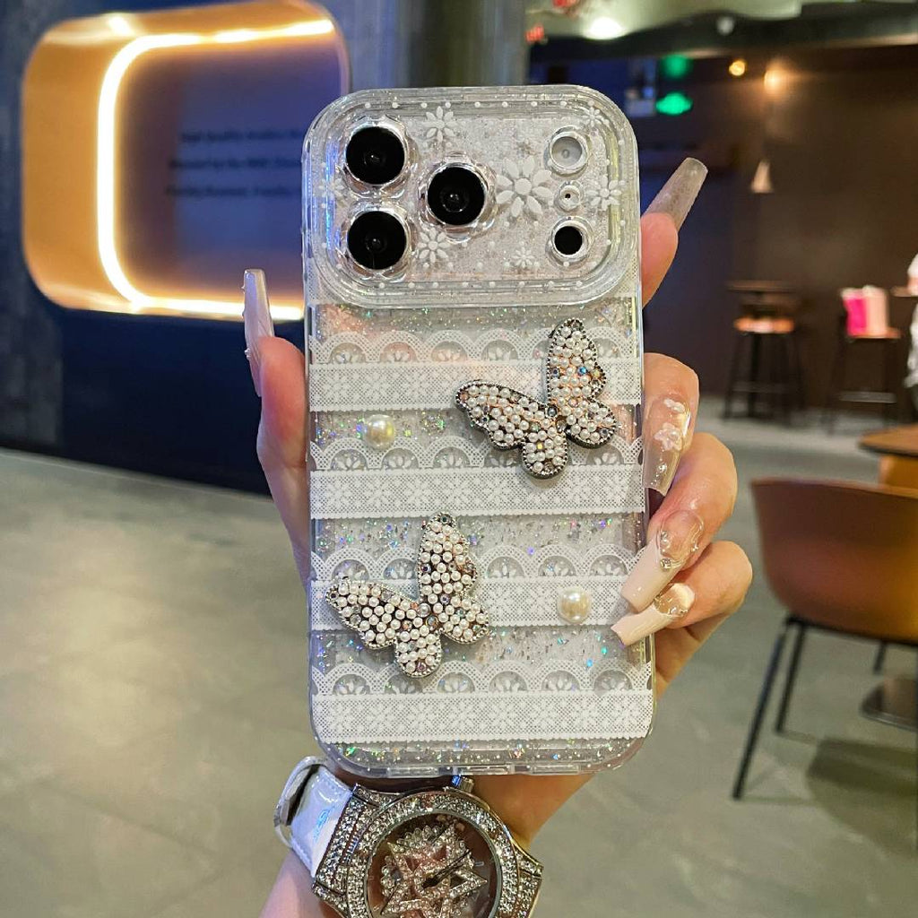 Sparkly Rhinestone Butterfly Lace Phone Case, Full Protection