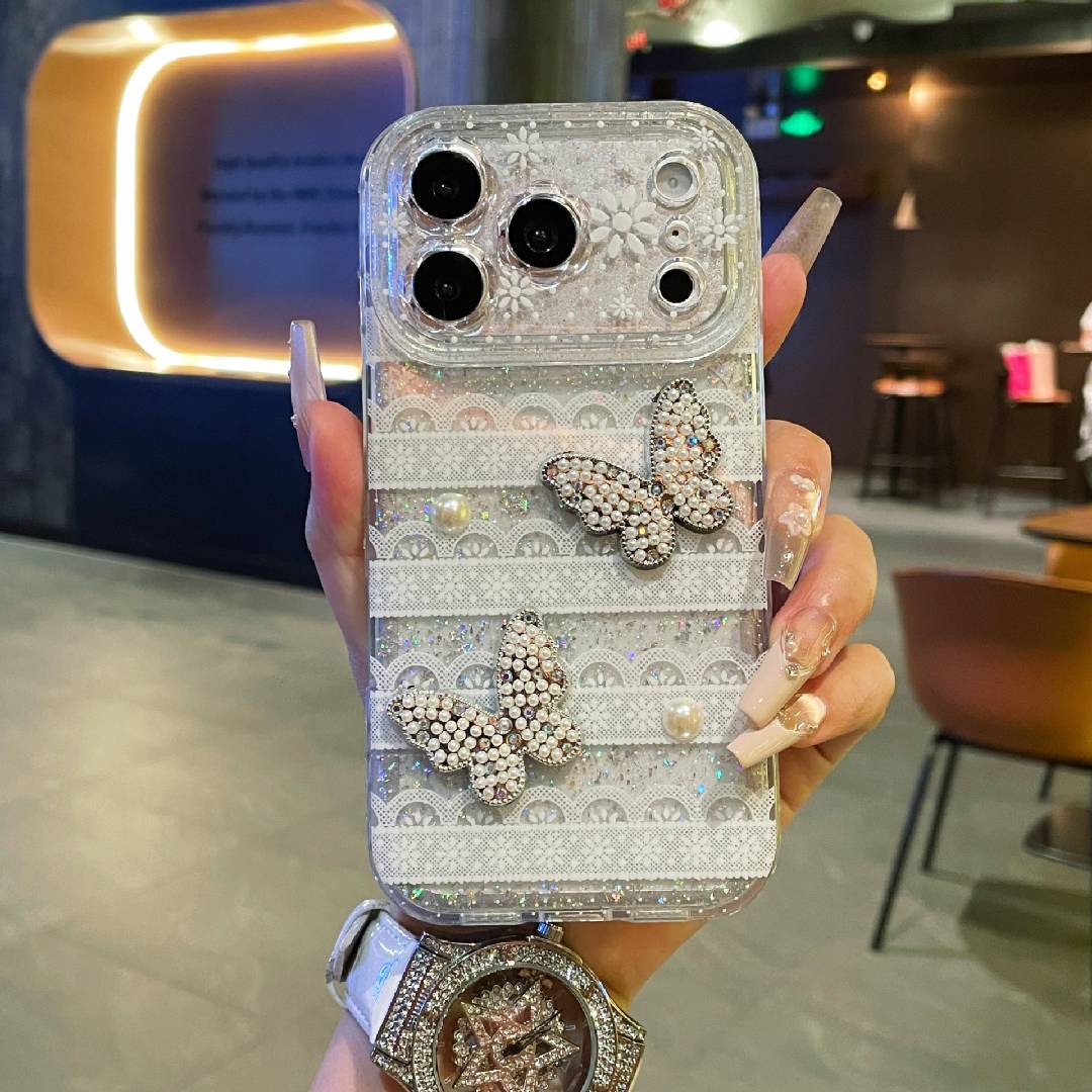 Telefoonhoesje met glittersteentje en vlinderkant, volledige bescherming