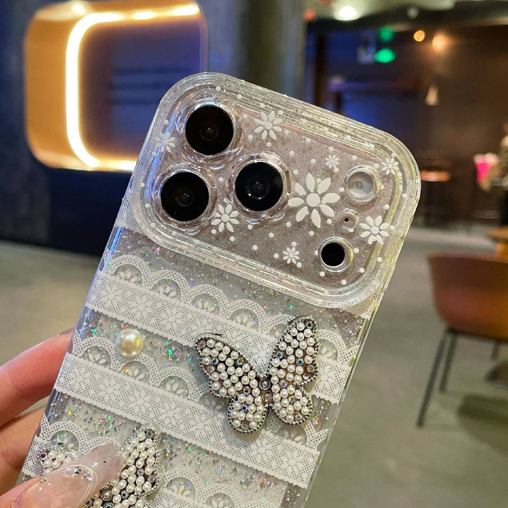 Sparkly Rhinestone Butterfly Lace Phone Case, Full Protection