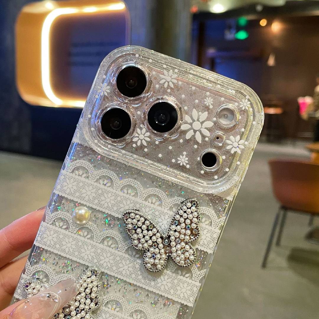 Sparkly Rhinestone Butterfly Lace Phone Case, Full Protection