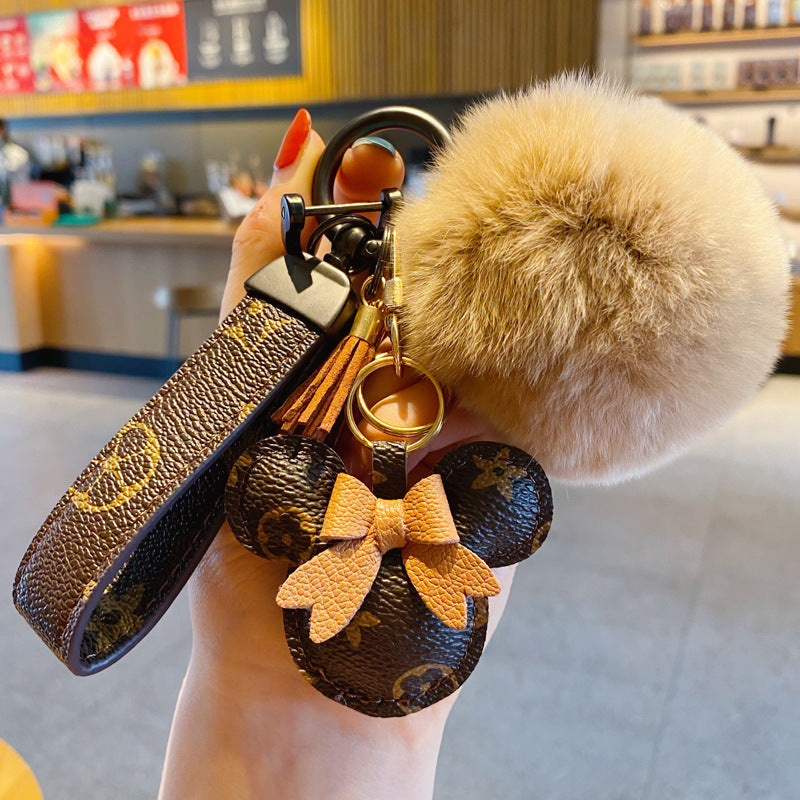 Luxury Mickey Keychain – Faux Leather & Fur Pom Charm