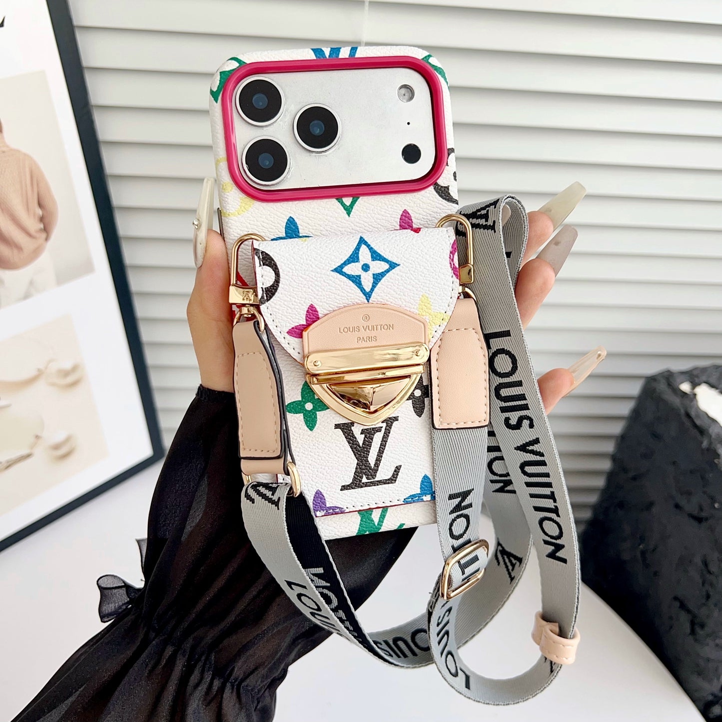 Étui pour iPhone à bandoulière de luxe avec poche pour cartes & Sangle amovible