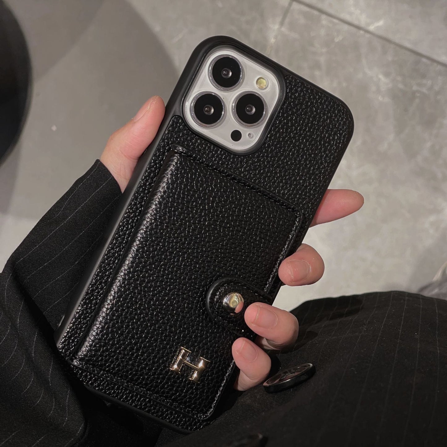 H Leðurkortahaldari iPhone hulstur