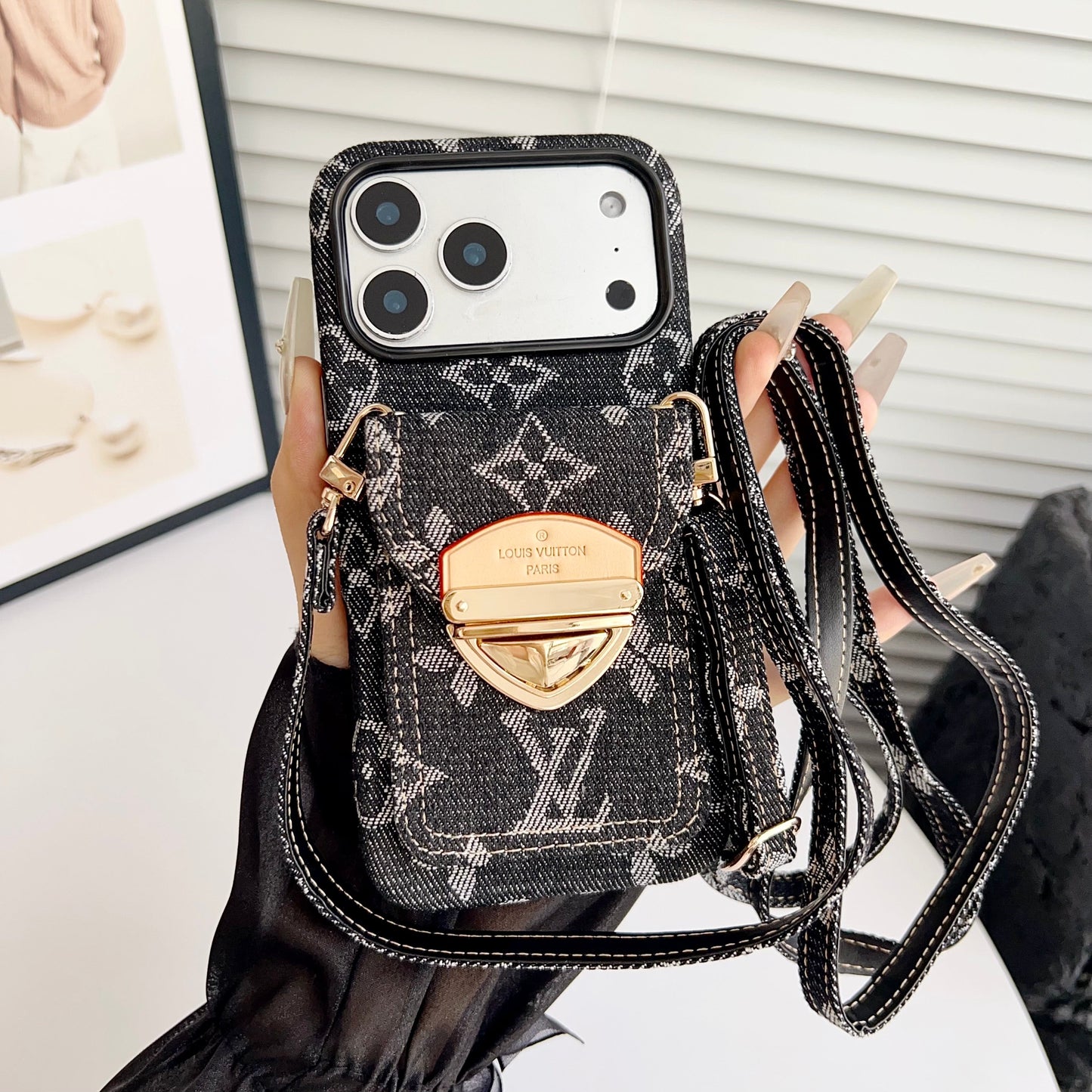Étui pour iPhone à bandoulière de luxe avec poche pour cartes & Sangle amovible