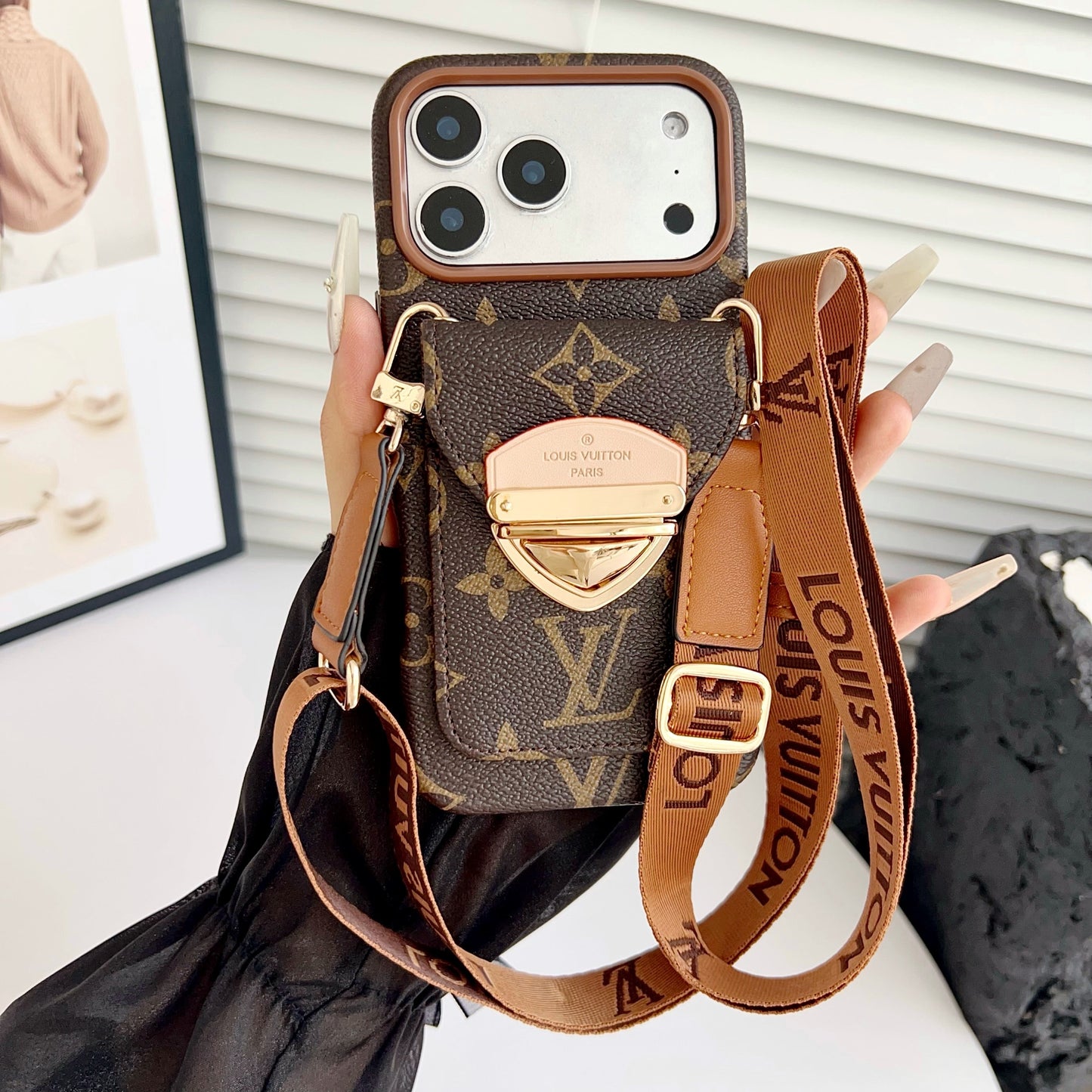 Étui pour iPhone à bandoulière de luxe avec poche pour cartes & Sangle amovible