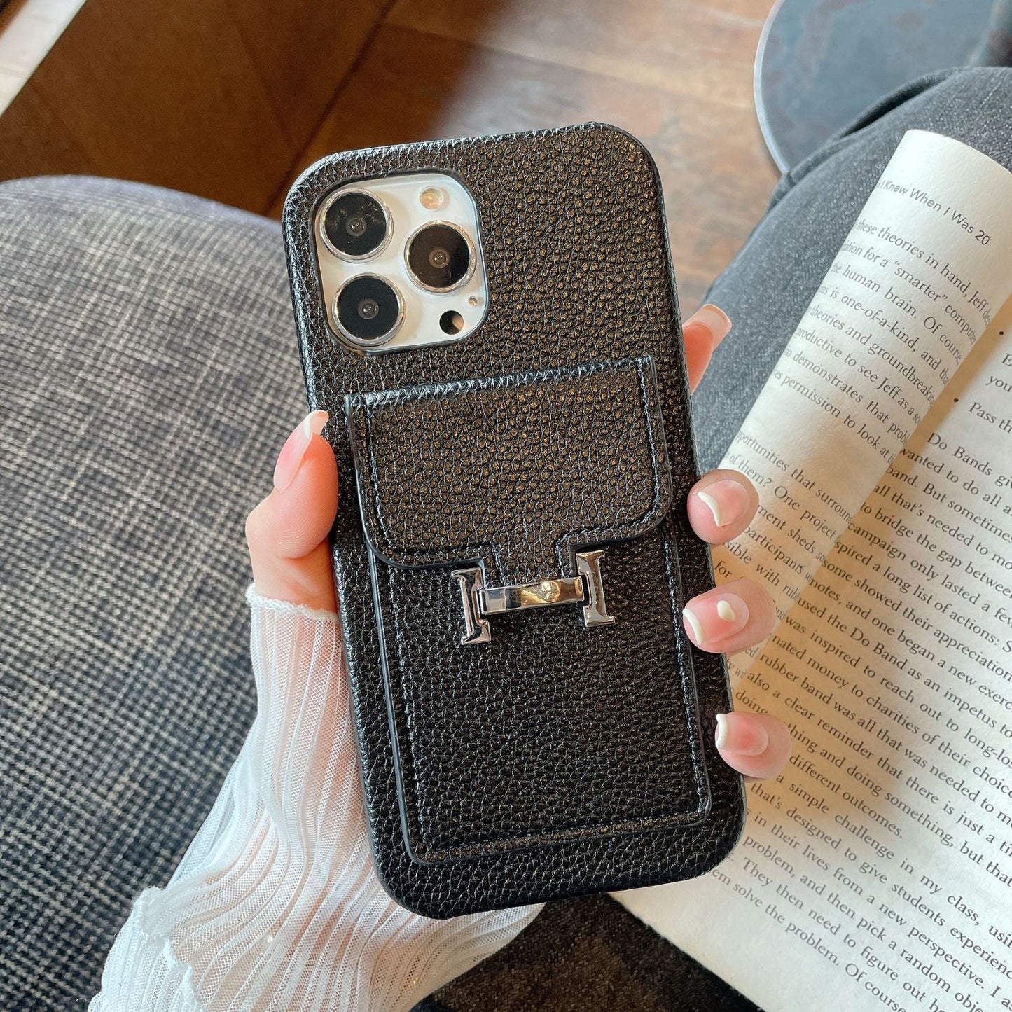 H Card Holder Leður iPhone hulstur