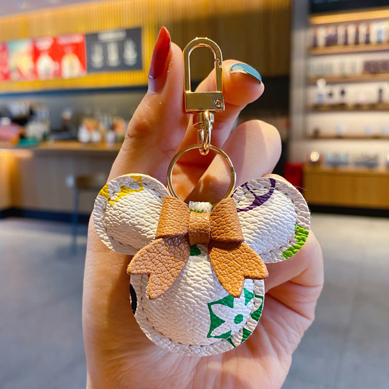 Luxury Mickey Keychain – Faux Leather & Fur Pom Charm