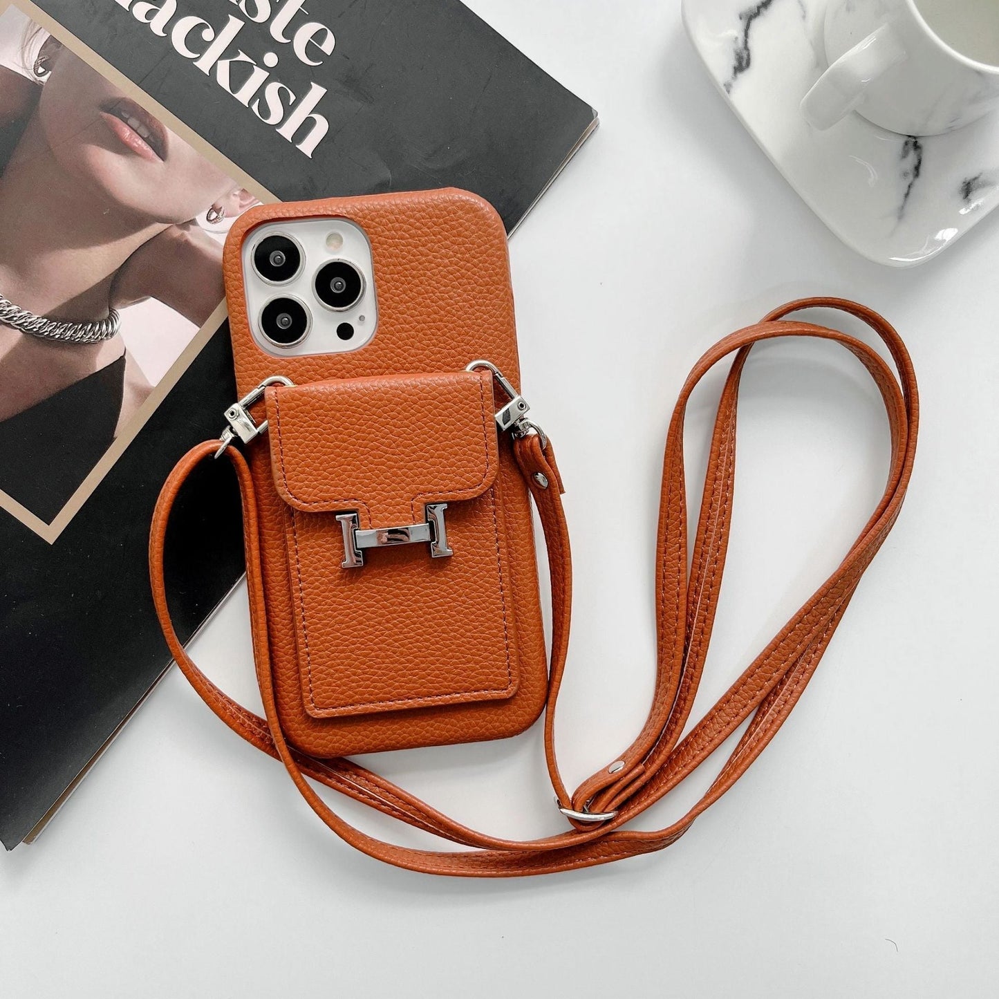 Étui pour iPhone avec chaîne en cuir et porte-carte H
