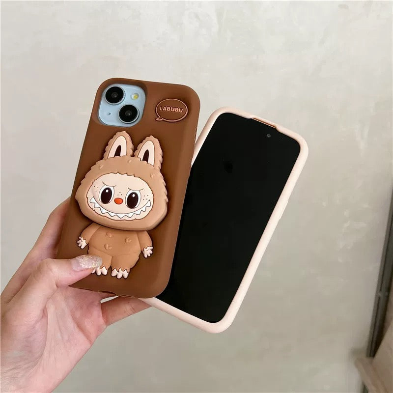 Aranyos rajzfilm Labubu Zimomo szilikon állvánnyal | Barna/rózsaszín - iPhone tok