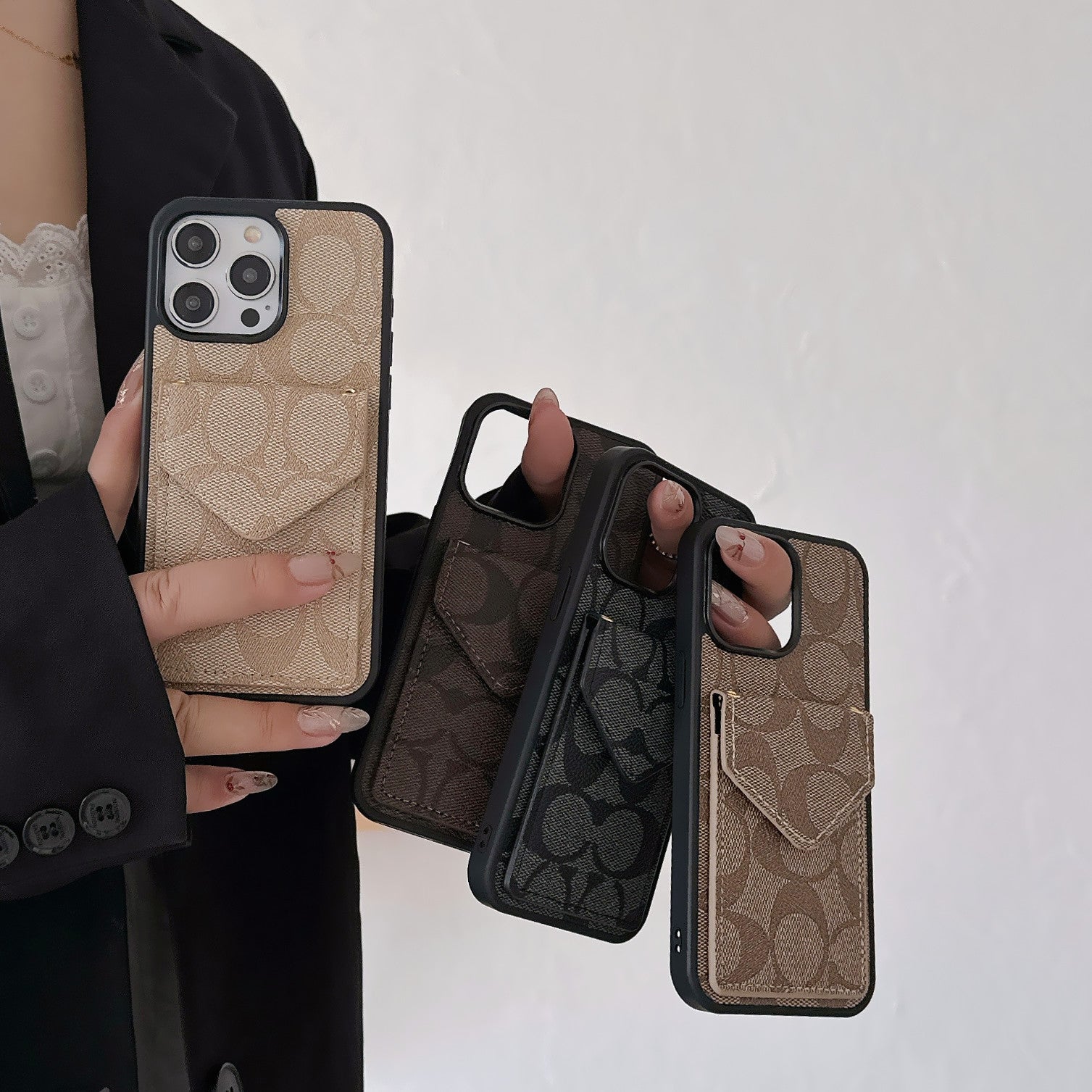 Classic iPhone Case With Card Holder And Strap Light Black -SJ240513