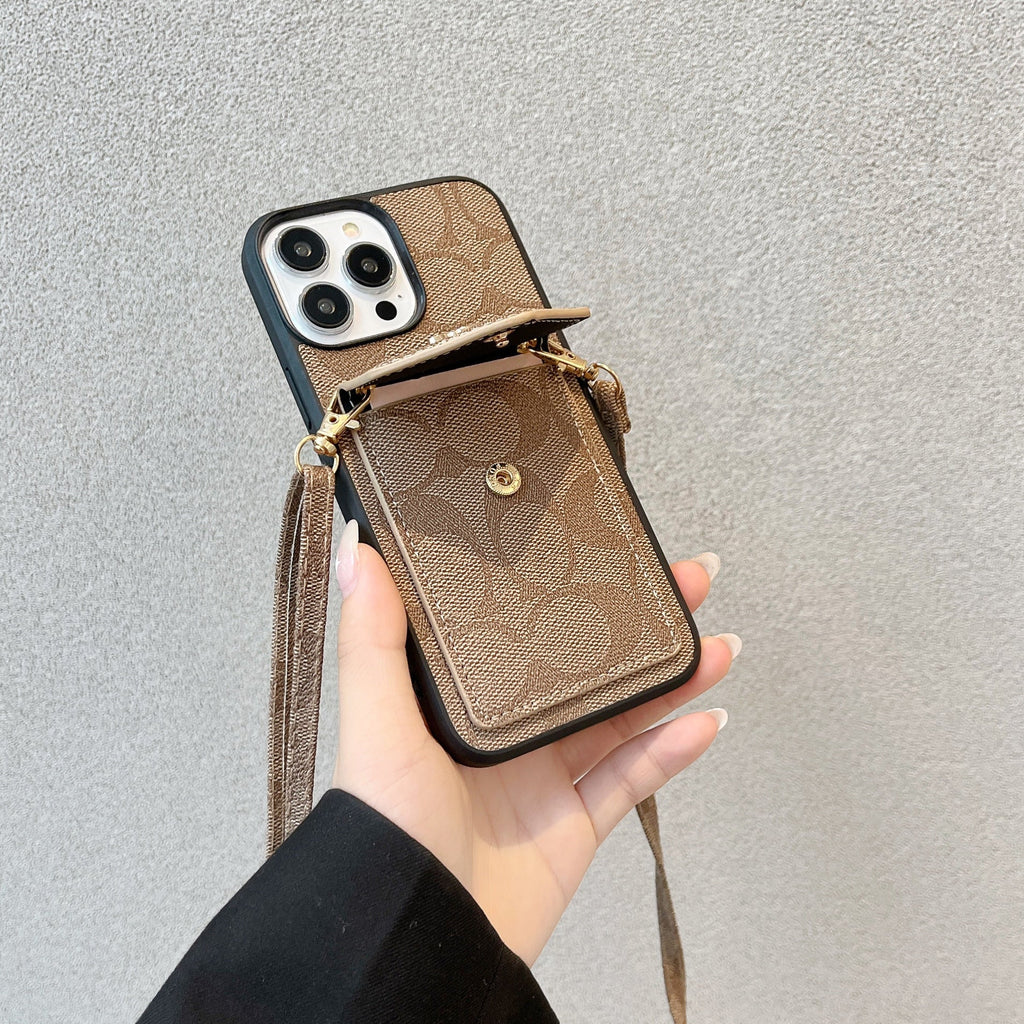 Classic iPhone Case With Card Holder And Strap Light Brown -SJ240513