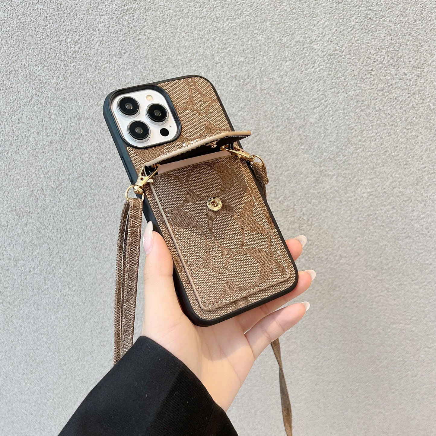 Klassische iPhone-Hülle mit Kartenhalter und Riemen Hellbraun -SJ240513
