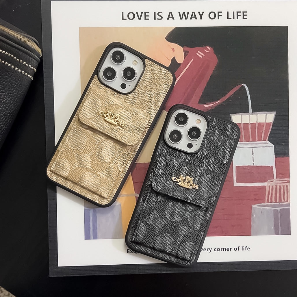 Étui classique pour iPhone avec porte-cartes, portefeuille café -SZK240425