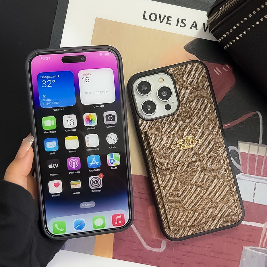 Klassískt iPhone hulstur með kortahaldara veski Ljósbrúnt -SZK240425