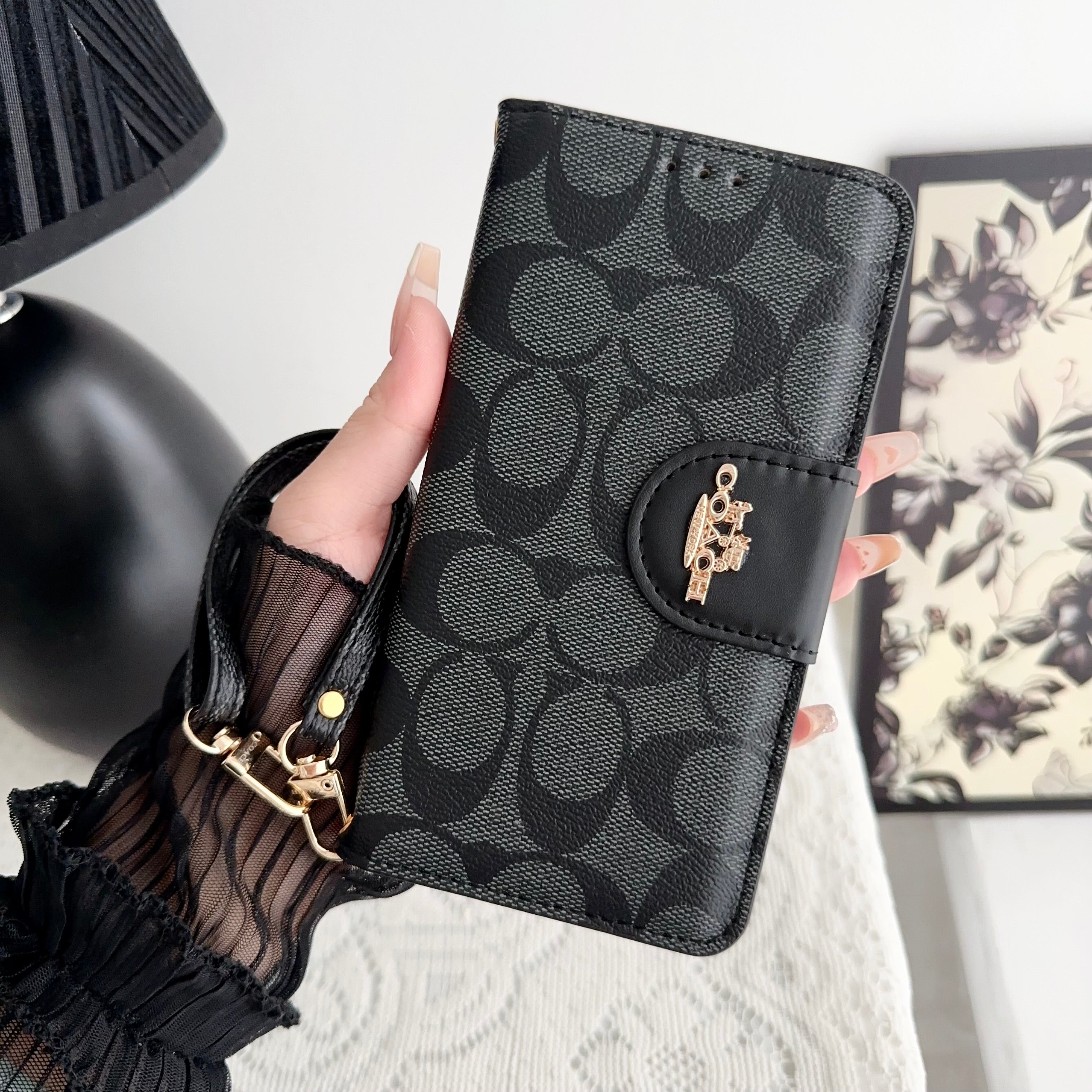 Classic iPhone Case Leather Flip Case with Card Holder Black
