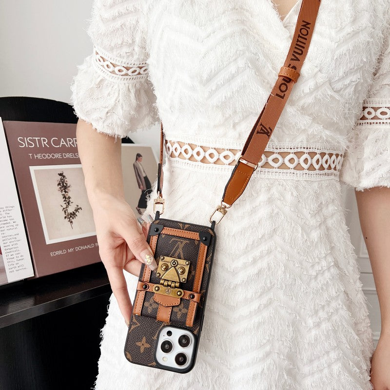 Lúxus brúnt Crossbody Chain iPhone hulstur
