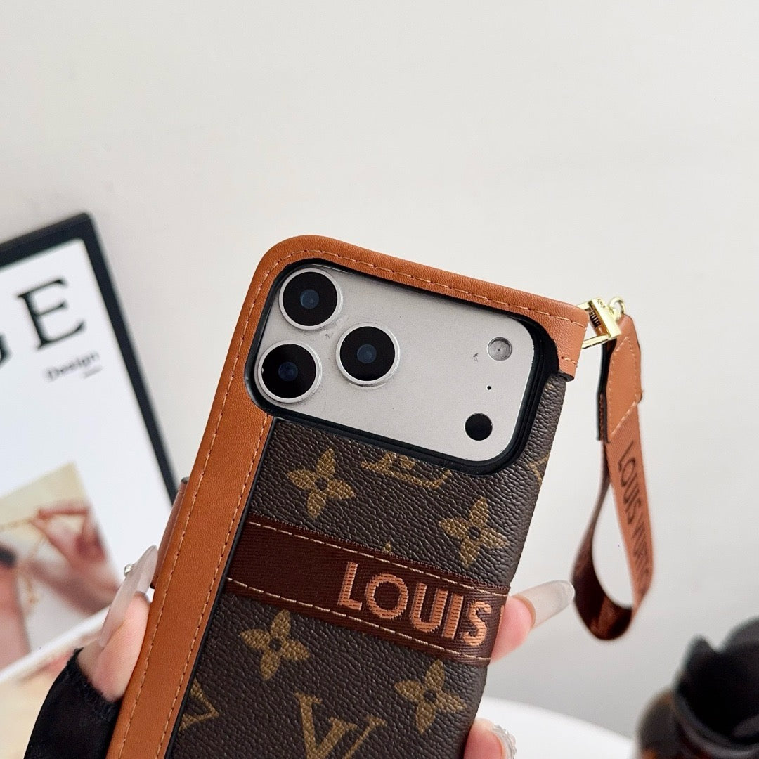 Luxury Luxury Pattern Wallet iPhone Case with Card Holder and Strap