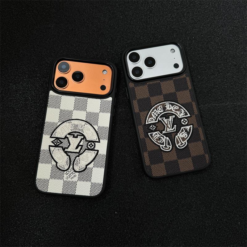 Embroidered Leather-Texture Checkerboard Phone Case with Raised Stitch Emblem